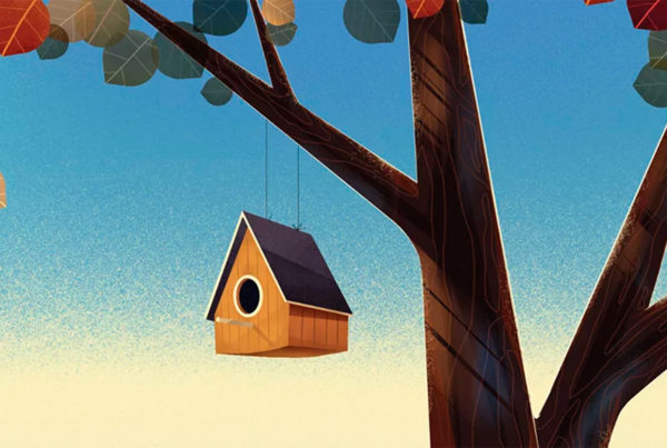 Una casita de pájaros cuelga de una rama de arbol, un fotograma del cortometraje 'Vuela', de Thinkwild Studios