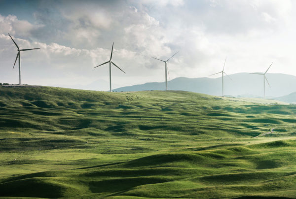 Molinos de energía eólica en un prado verde con montañas al fondo.