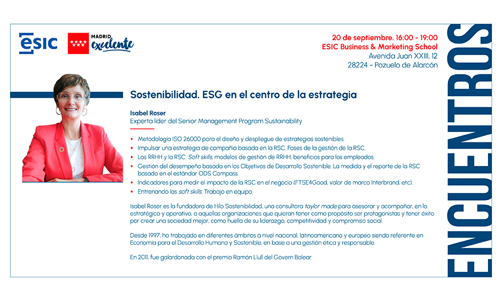 Sostenibilidad. ESG en el centro de la estrategia. Programa del encuentro y biografía de la docente, Isabel Roser.
